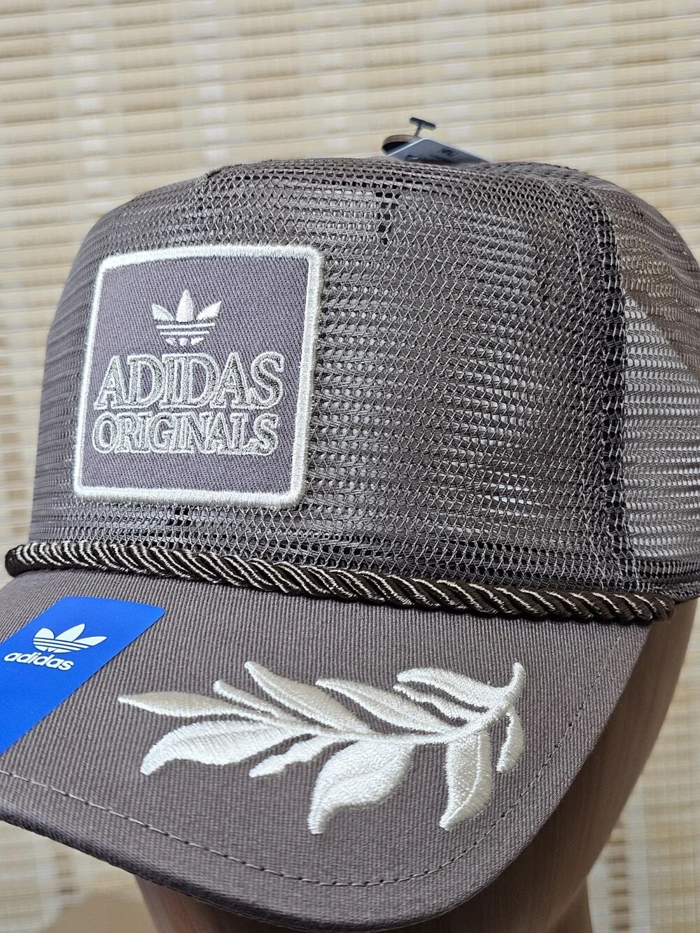 Adidas Originals Brown Mesh Trucker Hat Embroidered Leaf Rope One Size NWT